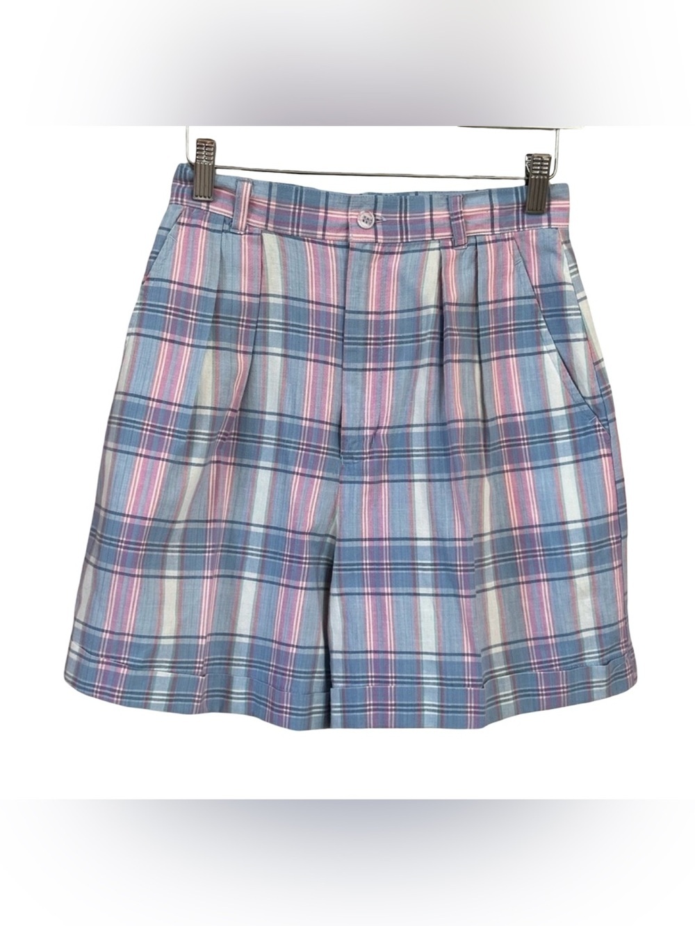 VTG 90s pastel pink purple plaid high-waisted granny chic  preppy shorts 9/10